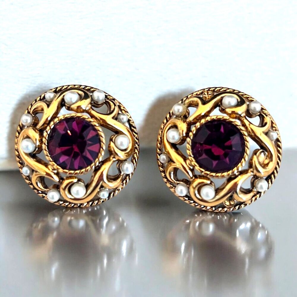 Vintage 1960s Earrings Purple Rhinestone Simulated Pearl Gold Tone - 9Q